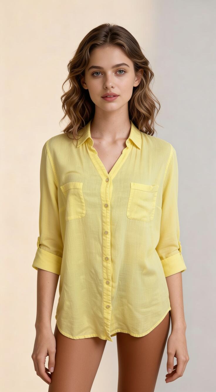Talbots Yellow 100% Cotton Roll Tab Button Front Blouse Women's Large L